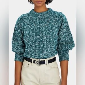 Veronica Beard Roopa Puff Sleeve Sweater Size Large GreenWhite Wool Alpaca Blend